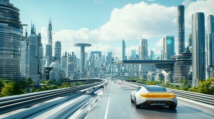 dystopia society concept. A futuristic cityscape with a sleek car driving on a highway, surrounded by towering skyscrapers under a clear blue sky.