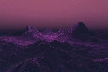 Selbstklebende Fototapeten Visualization of metaverse concept, landscape with mountains, dark purple sky in the background. Digital art illustration. © Monktwins