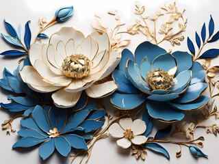 A standalone oriental-style artwork of a variety of stylized flowers, isolated on a clean white background. The flowers, including lotuses, chrysanthemums, peonies, and abstract floral shapes