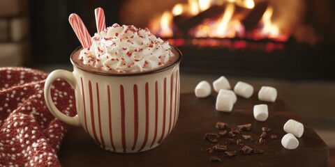 Festive Hot Chocolate with marshmallows, peppermint sticks, and whipped cream, served in a cozy holiday mug by a fireplace