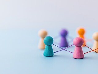 Obraz premium Conceptual illustration social connectivity wooden people figures network connections interconnected interlinked relationships structure leadership