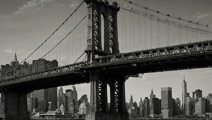 Naklejka premium A scenic view of Manhattan Bridge with the skyline in the background.