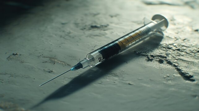 Discarded syringe with liquid residue on a grunge surface.