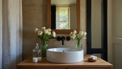 Fototapeta premium A serene bathroom with a white sink, soft towels, and fresh flowers, bathed in natural light.
