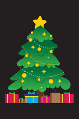 Fototapeta premium Christmas sparkling bright tree with gift box star on black background. Design of objects, Gift box, surprise gifts. Merry Christmas and Happy New Year. Vector illustration. 