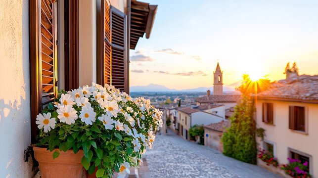 A potted plant with white flowers on a window sill in front of a building - Powered by Adobe