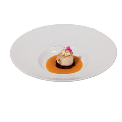 A delicate dessert featuring a creamy topping, garnished with a flower, served on a round white plate with a rich sauce.