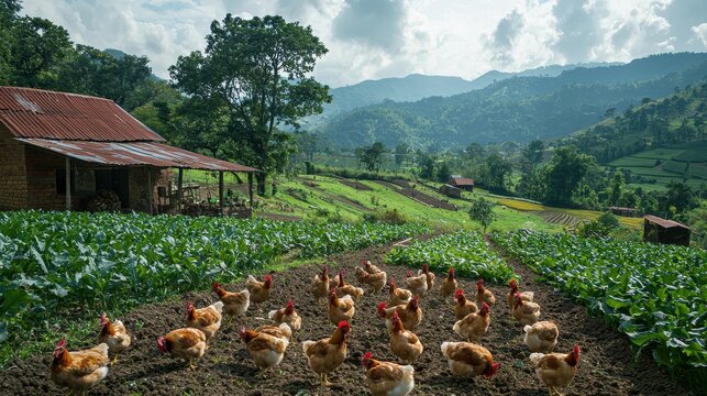 A rural poultry farm with free-range chickens pecking in the dirt, surrounded by greenery. The simplicity of the scene emphasizes ethical and natural farming practices 