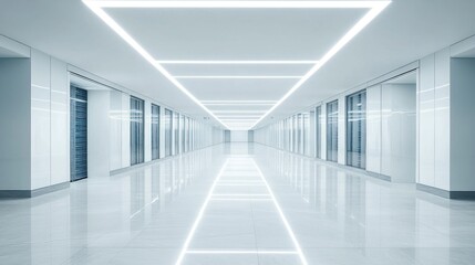 Obraz premium Bright, futuristic corridor with glowing linear lights and reflective floor.