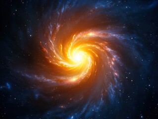 Obraz premium A vivid depiction of a swirling galaxy, showcasing bright orange and yellow hues against a backdrop of deep blue space.