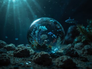 Fototapeta premium A serene underwater world encapsulated in a crystal sphere.