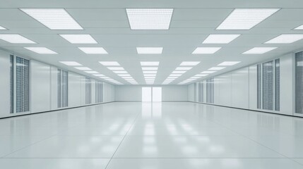 Obraz premium Clean, bright, empty white room with recessed lighting and server racks.
