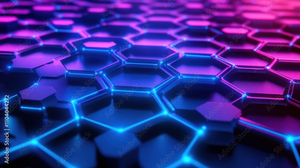 Poster abstract hexagonal pattern with glowing neon lights.