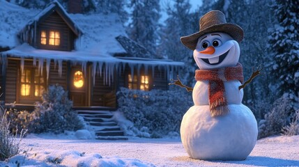 Obraz premium Cheerful Snowman with Hat and Scarf in Winter Wonderland Scene