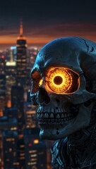 Fototapeta premium A skull with a glowing eye, surrounded by a city background.