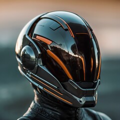sleek, futuristic helmet with a reflective visor, capturing a sci-fi aesthetic in a sunset outdoor setting