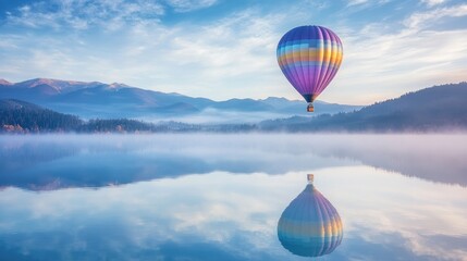 Obraz premium Hot air balloon reflected in a calm lake at sunrise, with mountains in the background.