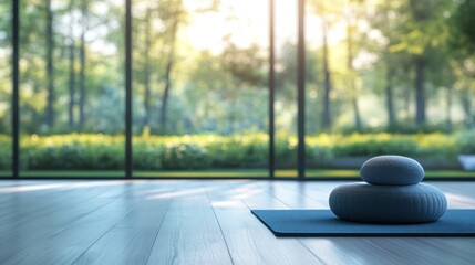 Obraz premium Serene yoga studio interior with large window overlooking lush green garden.