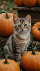 A small kitten sits near three pumpkins, Thanksgiving theme.