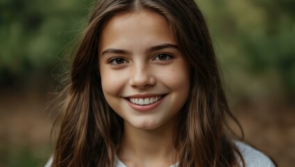 A smiling girl with long brown hair posing for the camera.