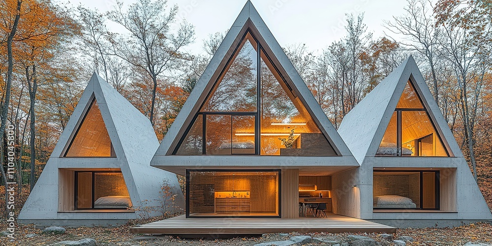 Aufkleber modern triangular cabin surrounded by autumn trees in a serene forest setting during dusk