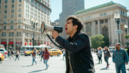 Obraz premium Handsome man yelling in the megaphone on the city square, people protesting, buildings background