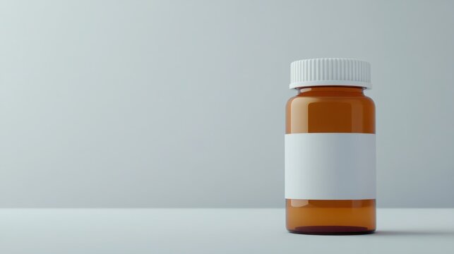 Empty amber prescription bottle with a white label on a minimalist background, ideal for healthcare, pharmacy, or medical themes in stock imagery.