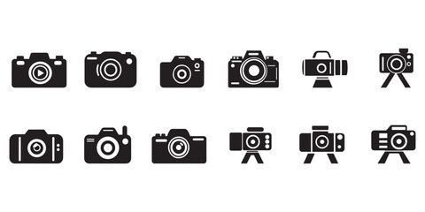 Camera icon set . Black camera icon on white background.