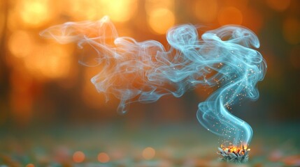 Obraz premium Abstract ethereal blue smoke rising from a burning object, set against a blurred sunset background.
