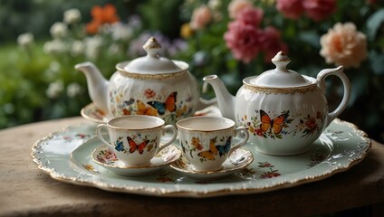 Fototapeta premium A still life of elegant tea sets surrounded by flowers and butterflies in a serene garden.