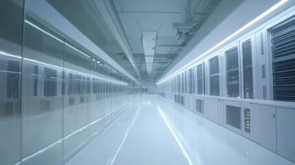 Obraz premium Modern, bright server room with rows of pristine data storage units.