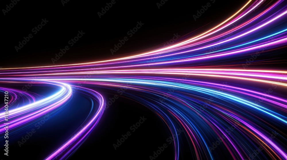 Poster a vibrant display of colorful light trails against a dark background, creating a sense of motion and