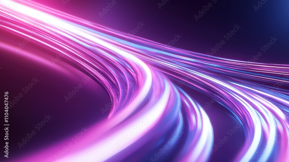 Poster a vibrant, abstract image featuring flowing lines of purple and blue light on a dark background, cre
