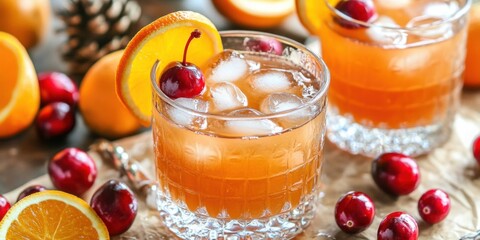 Spiced cranberry whiskey sour with whiskey, lemon juice, and cranberry syrup, garnished with a cherry and orange slice