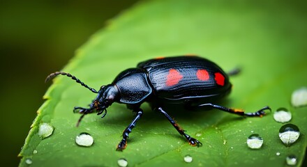 Naklejka premium Beetle on a Vibrant Green Leaf, Leaves, Rain Drop Dew Water, Insect Bug Nature Wildlife Image