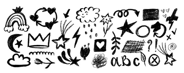 Set of hand drawn  charcoal doodle shapes and squiggles in punk style. Cactus, eye, fish, leaf, cloud, palm, heart and grid doodle collage elements.