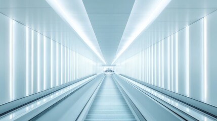 Obraz premium Futuristic moving walkway in a bright, minimalist tunnel.