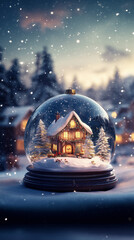 A Christmas cottage in a snowglobe. Fantasy Christmas winter wonderland village. Vertical wallpaper background.