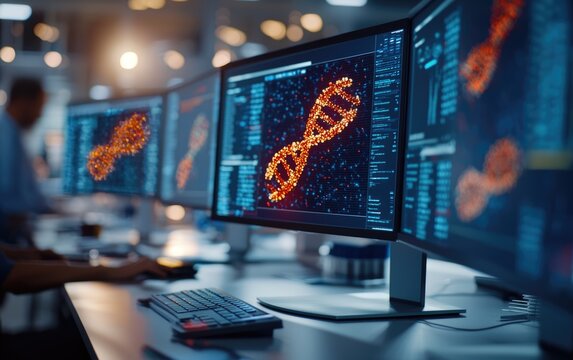 DNA helix monitors display. Glowing DNA helix displayed across multiple high-tech monitors, surrounded by a dark lab environment, futuristic genetic research concept