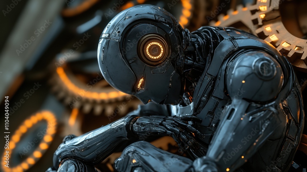 Poster futuristic robot contemplating in a mechanic environment