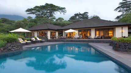 Serene Luxury Villa with Pool Surrounded by Lush Greenery and Mountains, Perfect for Relaxation and Scenic Getaways in Tropical Paradise