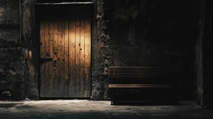 Dimly Lit Urban Space with Wooden Door and Simple Bench