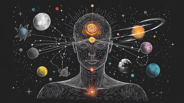 Spiritual evolution depicted with chakras, planets, and stars in esoteric full-body artwork. Cosmic. Illustration