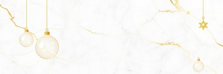 This elegant Christmas background features two white ornaments hanging from gold strings, adorned with gold stars. The minimalist design and soft white background create a sophisticated and timeless.