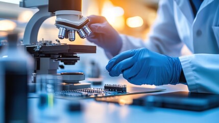 Fototapeta na wymiar Scientist using a microscope to examine a circuit board in a lab.