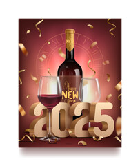 happy new year party poster design with wine bottle, glass and golden confetti. 3d 2025 and happy new year text calligraphy