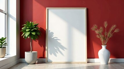 Modern Red Wall Poster Mockup, Luxury Interior, 3D Rendering