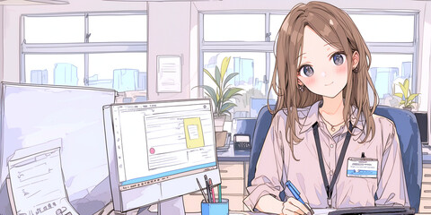 オフィスで働く女性。微笑むOL。水彩画。イラスト。