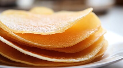 Close-up of a stack of golden-brown pancakes on a white plate.