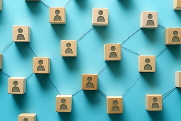 Wooden Cubes Network Blue Background, Social Connection Concept